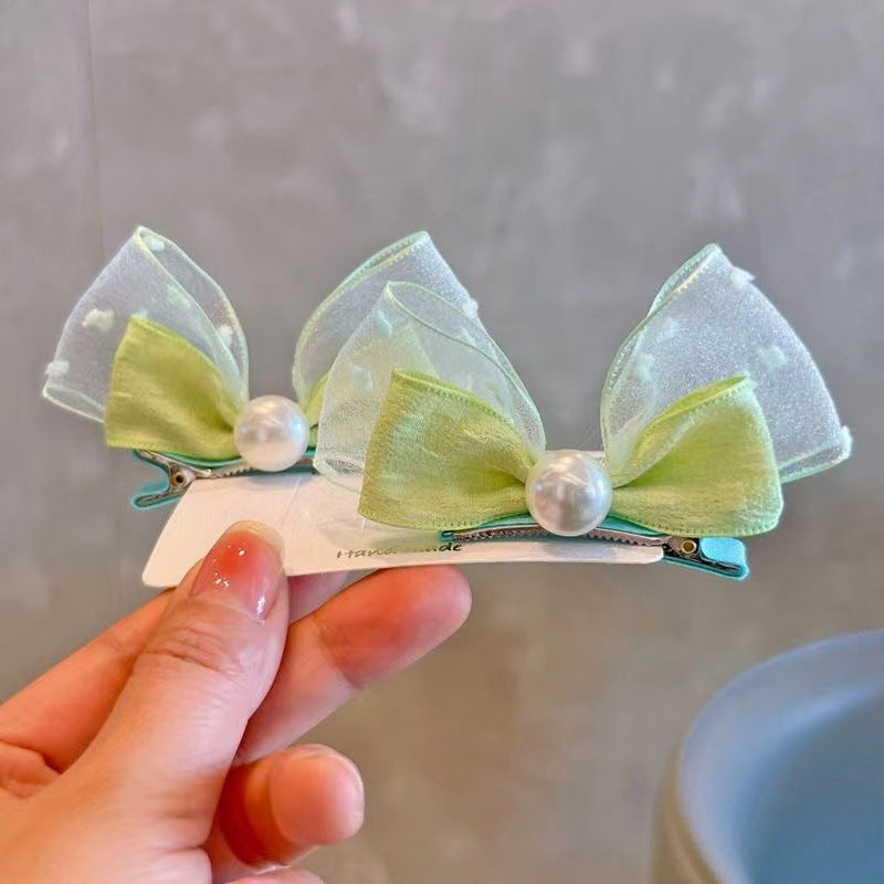Korean version of pearl three-dimensional bow rabbit ears baby pair clip small fresh seersucker children's hair clip cute headdress 
