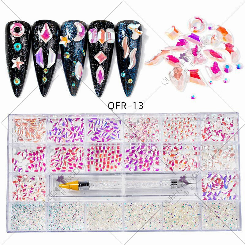 Nail Art Diamond Jewelry 21 Grids Flat Bottom Special Shaped Diamond Size Mixed Nail Art Diamond Special Shaped Glass Diamond DIY Accessories Set 