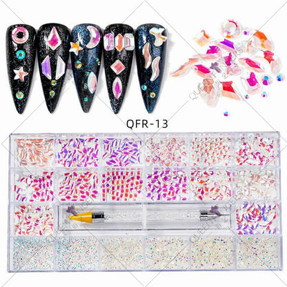 Nail Art Diamond Jewelry 21 Grids Flat Bottom Special Shaped Diamond Size Mixed Nail Art Diamond Special Shaped Glass Diamond DIY Accessories Set 