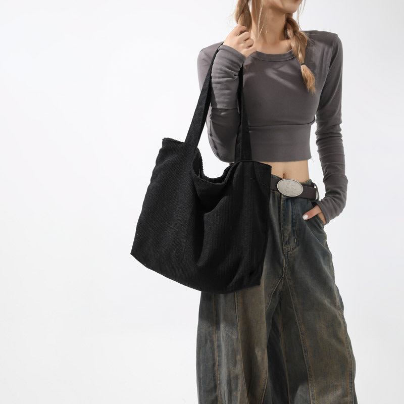 Korean fashion large-capacity shopping bag casual literary canvas handbag simple retro corduroy shoulder bag for women 