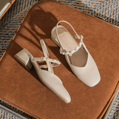 2023 new summer Baotou sandals women's chunky heel fairy style French pearl mid-heel temperament Mary Jane single shoes 