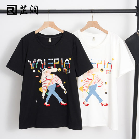 Summer new large size women's clothing fat sister casual loose thin embroidery short-sleeved round neck cotton T-shirt top 18085 