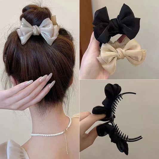Super fairy pearlescent bow ponytail clip high ponytail clip 2023 new temperament meatball hair card headdress 