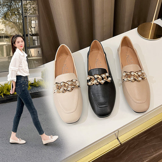 Single shoes women's flat bottom 2023 new spring peas shoes British style retro small leather shoes slip-on loafers for women 