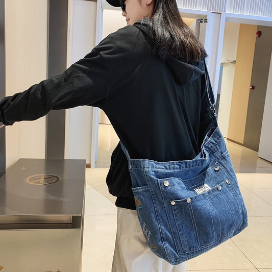 韩版百搭复古牛仔女包中古睿营大容量单肩通勤包学生上课包斜挎包