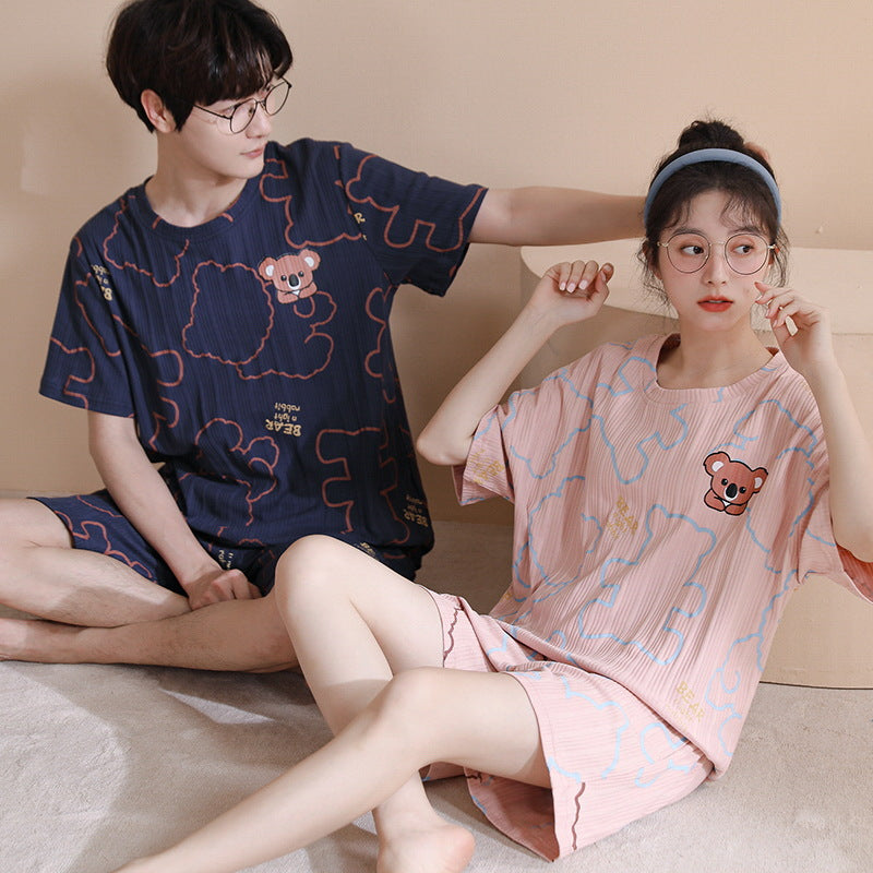 Summer couple pajamas female cute pullover short-sleeved knitted cotton casual men's shorts suit can be worn outside home clothes