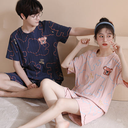 Summer couple pajamas female cute pullover short-sleeved knitted cotton casual men's shorts suit can be worn outside home clothes