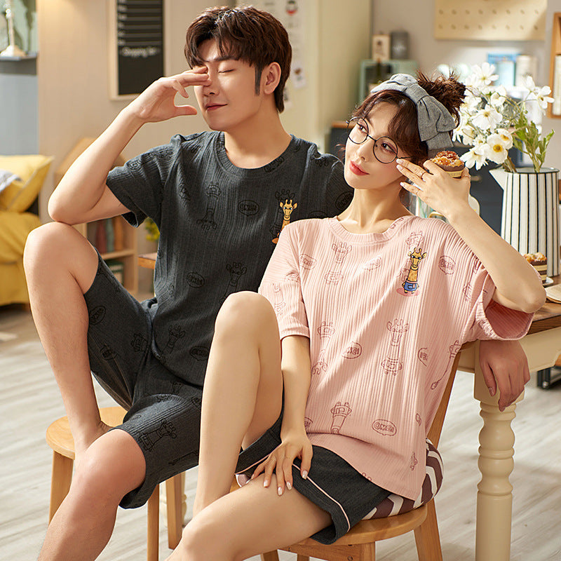 Summer couple pajamas female cute pullover short-sleeved knitted cotton casual men's shorts suit can be worn outside home clothes
