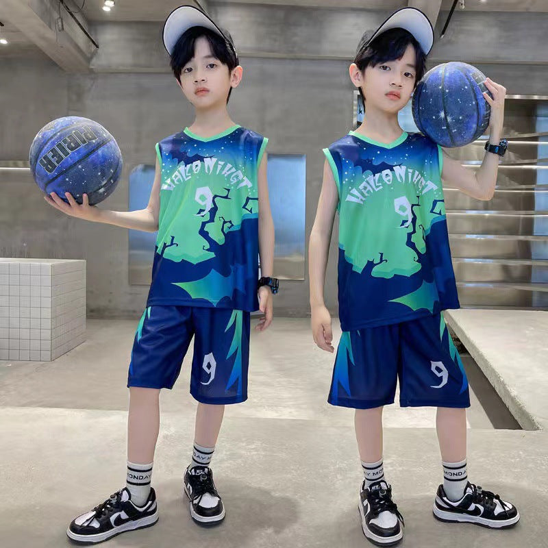 新童装夏季儿童运动球服套装男童短袖套装宝宝篮球服夏季背心短裤