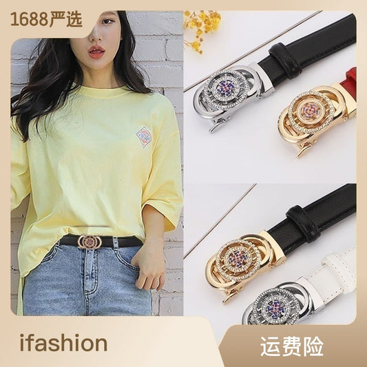 Women's leather belt automatic buckle time to run Korean version sweet all-match belt female 2.4cm wide spot wholesale 