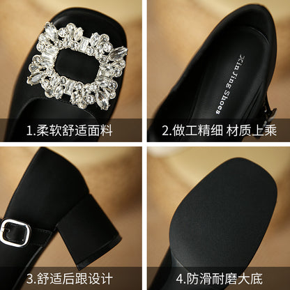 JH628-3浅口中跟单鞋女水钻方扣一字带搭扣粗跟鞋法式玛丽珍鞋