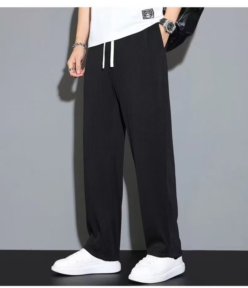 Summer drape ice silk pants men's thin section straight loose casual sports pants striped quick-drying wide-leg trousers men's tide 
