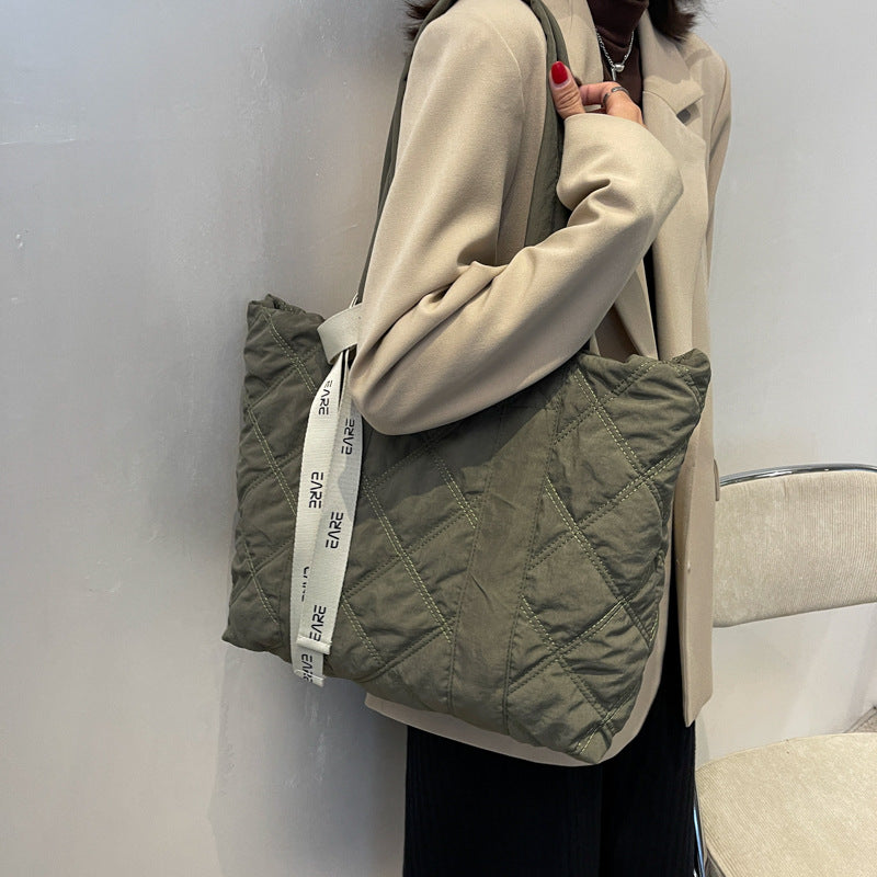 Space cotton tote bag for women 2023 new shoulder hand carry autumn and winter large bag rhombus cotton suit bag for women 