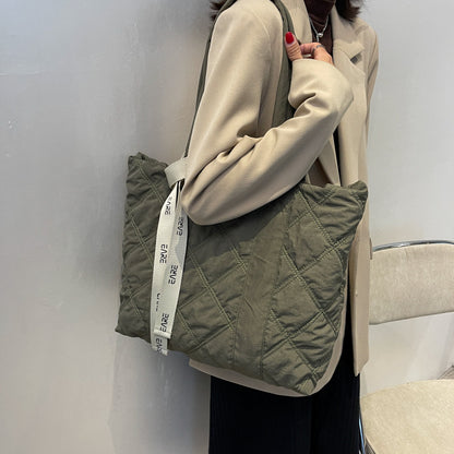 Space cotton tote bag for women 2023 new shoulder hand carry autumn and winter large bag rhombus cotton suit bag for women 