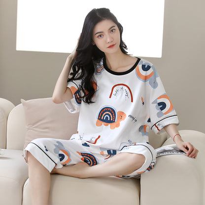 Pajamas women's summer short-sleeved cropped pants dignified and comfortable cotton large size pajamas pullover mother can wear home clothes
