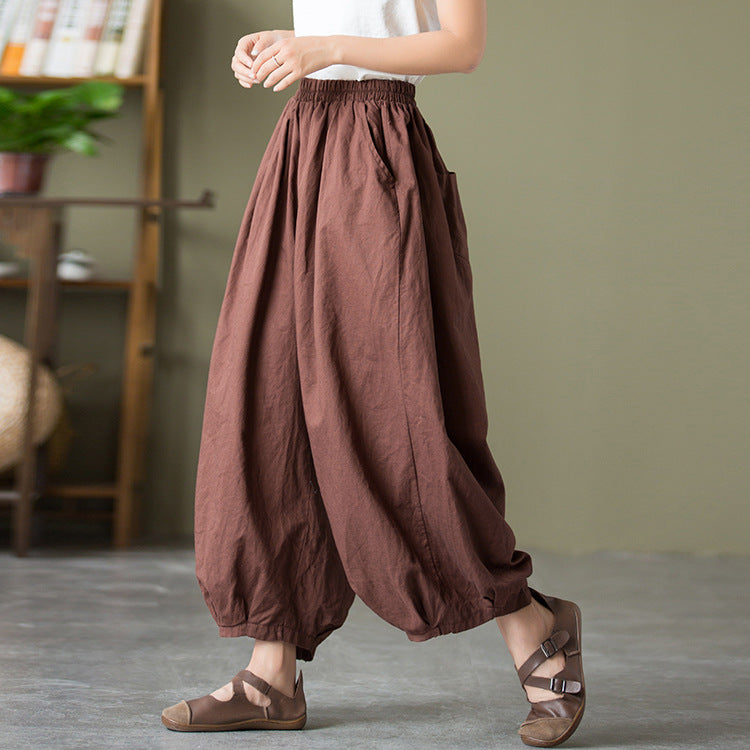 23 spring and summer cotton and linen women's new products sand-washed linen bloomers women's elastic waist loose casual pants nine-point pants 
