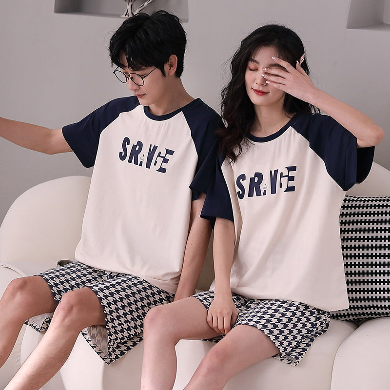 Summer short-sleeved couple pajamas women's simple high-grade cotton pullover shorts men's comfortable and wearable home service suits
