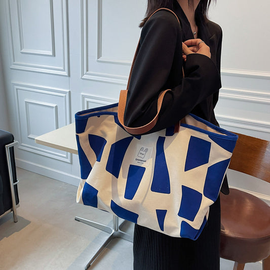 Ruiying's new plaid canvas shoulder bag for women, trendy large-capacity Japanese style literary leisure bag, pure cotton shopping bag 