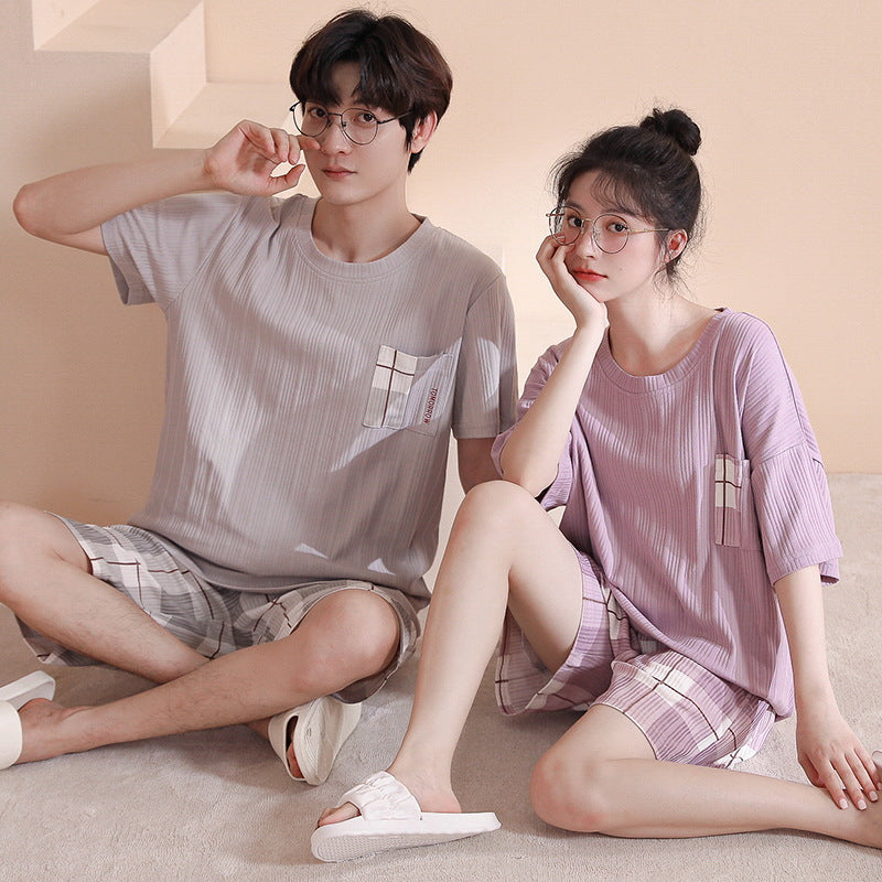Summer couple pajamas female cute pullover short-sleeved knitted cotton casual men's shorts suit can be worn outside home clothes