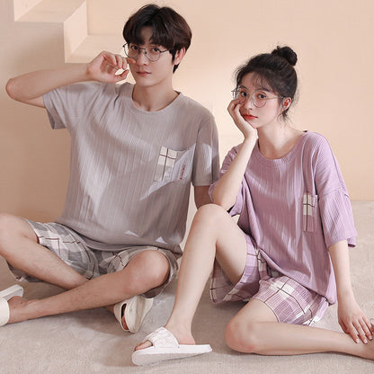 Summer couple pajamas female cute pullover short-sleeved knitted cotton casual men's shorts suit can be worn outside home clothes