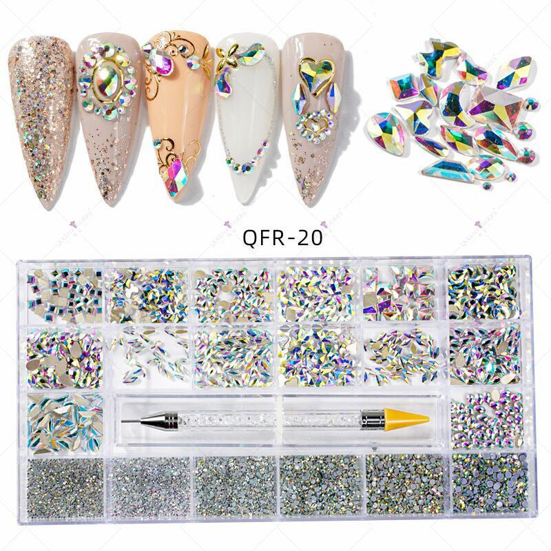 Nail Art Diamond Jewelry 21 Grids Flat Bottom Special Shaped Diamond Size Mixed Nail Art Diamond Special Shaped Glass Diamond DIY Accessories Set 