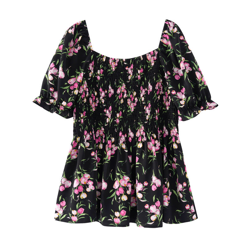 2024 summer new large size women's floral tops slightly fat and stylish, slim ruffled short-sleeved shirt 18327 