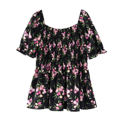 2024 summer new large size women's floral tops slightly fat and stylish, slim ruffled short-sleeved shirt 18327 