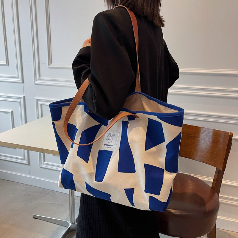 Ruiying's new plaid canvas shoulder bag for women, trendy large-capacity Japanese style literary leisure bag, pure cotton shopping bag 