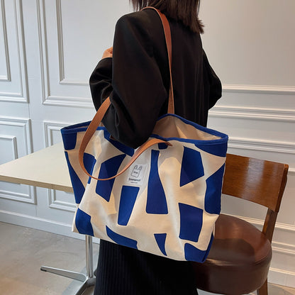 Ruiying's new plaid canvas shoulder bag for women, trendy large-capacity Japanese style literary leisure bag, pure cotton shopping bag 