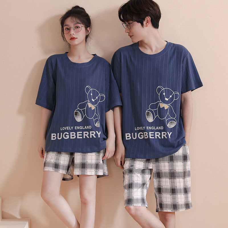 Summer couple pajamas female cute pullover short-sleeved knitted cotton casual men's shorts suit can be worn outside home clothes