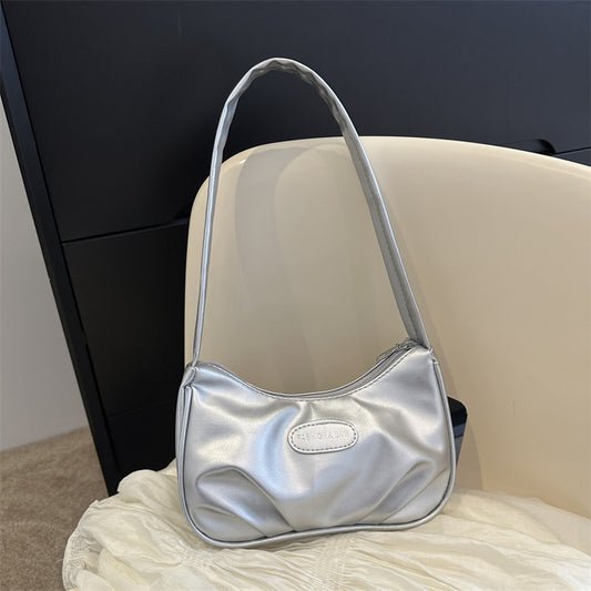 Niche texture silver bag for women 2023 new summer shoulder crossbody bag high-end pleated armpit crescent bag 