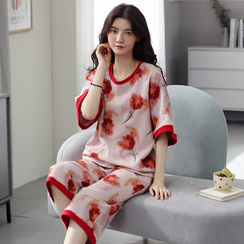 Pajamas women's summer short-sleeved cropped pants dignified and comfortable cotton large size pajamas pullover mother can wear home clothes