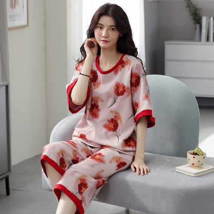 Pajamas women's summer short-sleeved cropped pants dignified and comfortable cotton large size pajamas pullover mother can wear home clothes