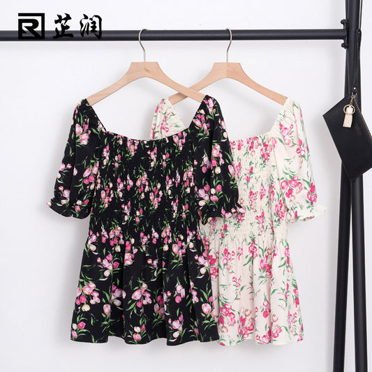 2024 summer new large size women's floral tops slightly fat and stylish, slim ruffled short-sleeved shirt 18327 