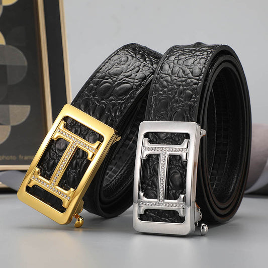 Belt men's genuine leather automatic buckle crocodile pattern business leisure belt men's young and middle-aged trendy trousers spot wholesale 