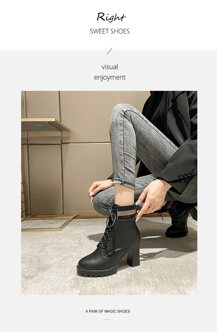Boots high heeled women s boots thick heeled 2023 autumn new all match plus velvet shoes knitted stitching short boots women s wholesale 7 MART