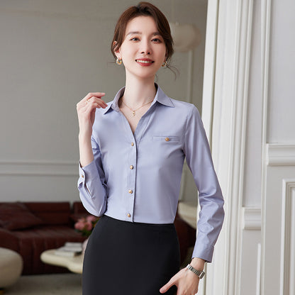蓝色衬衫女套装春秋季长袖职业正装2023新款白衬衣酒店前台工作装
