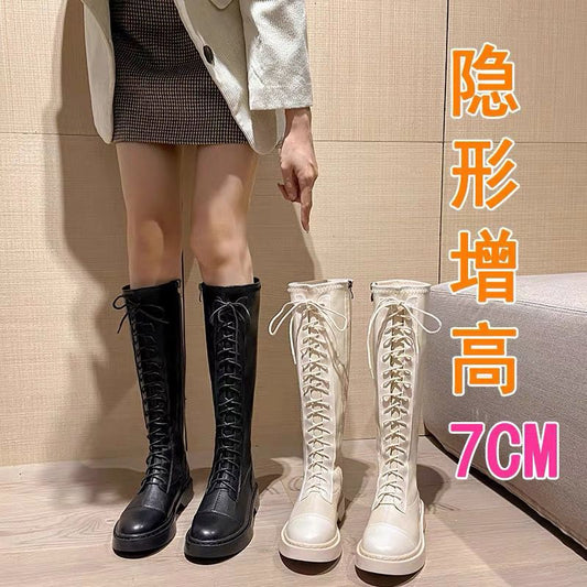 Boots women's knee-high 2023 new inner heightening knight boots high-barrel lace-up small person slim tall motorcycle boots 