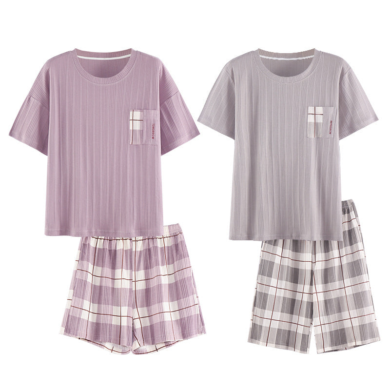 Summer couple pajamas female cute pullover short-sleeved knitted cotton casual men's shorts suit can be worn outside home clothes