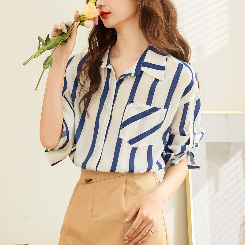 百姿 条纹薄款衬衫女2023夏季新款韩版宽松通勤小众开衫长袖衬衣