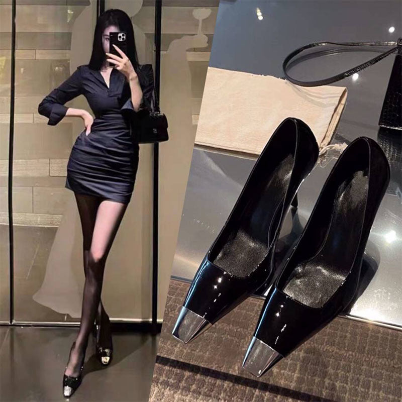 朴彩英同款heels欧美黑色方头包头一字带ys高跟鞋细跟 凉鞋女性感