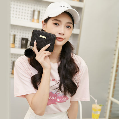潮流波浪绣花女钱包female a wallet 短款毛球零钱包卡包外贸批发