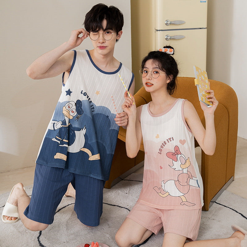 [Strictly Selected] Summer Knitted Cotton Couple Pajamas Women's Vest Shorts Thin Section Casual Men's and Women's Homewear Set
