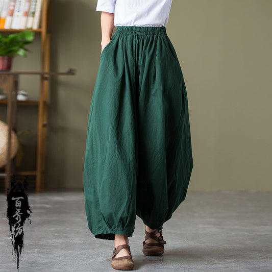 23 spring and summer cotton and linen women's new products sand-washed linen bloomers women's elastic waist loose casual pants nine-point pants 