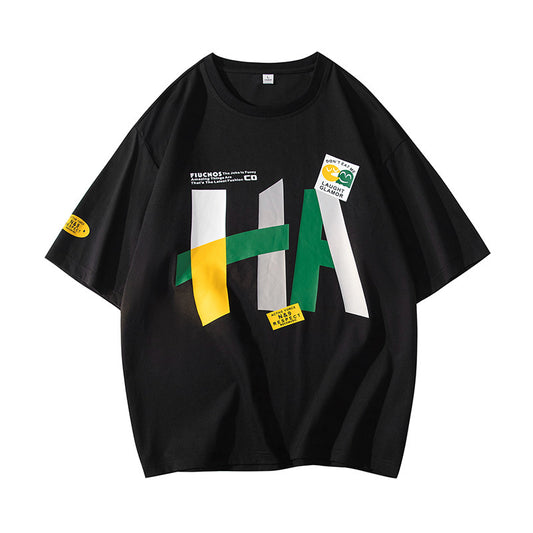 Casual loose shoulder Japanese letter printing half-sleeved 2023 summer round neck short-sleeved casual trendy brand t-shirt 