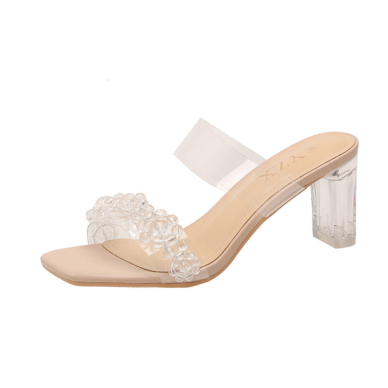 Super fairy snowflake buckle high transparent word belt 2023 summer new crystal heel sandals women's thick high-heeled outerwear slippers 
