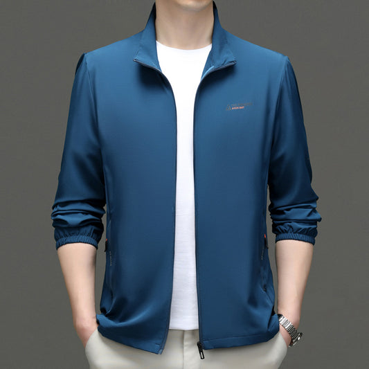 2023 spring and summer long-sleeved ice silk jacket men's breathable skin clothing quick-drying stand-up collar thin jacket large size sun protection clothing 