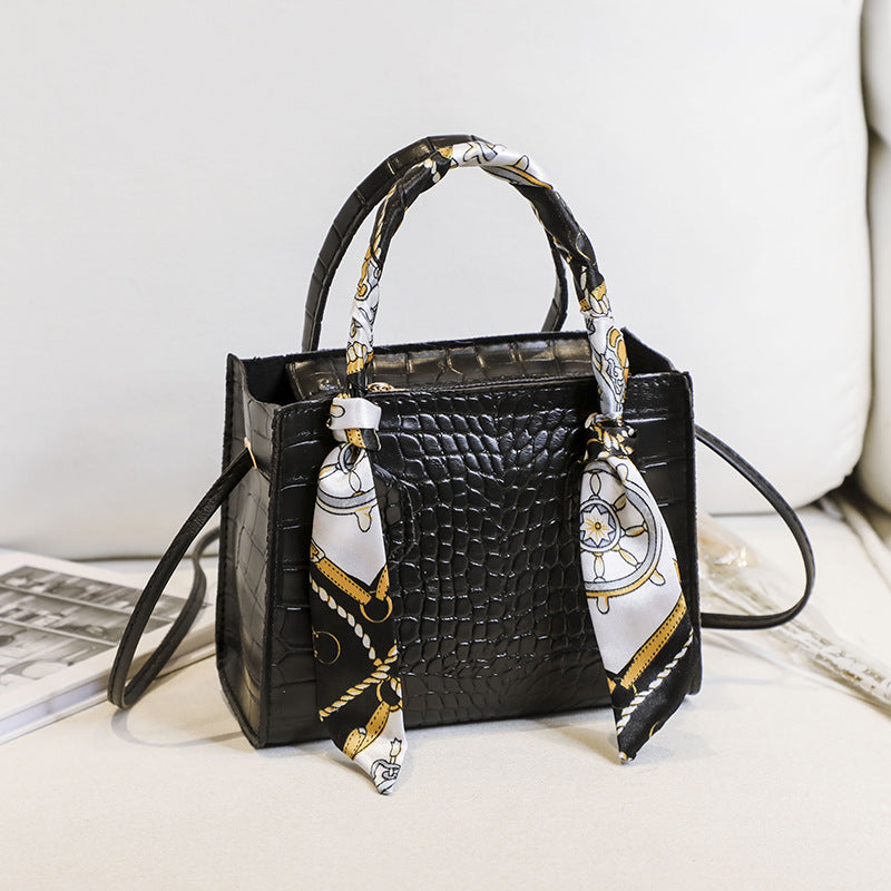 丝巾手提包2021ladies handbag外贸女包包女菱格链条鳄鱼纹斜跨包