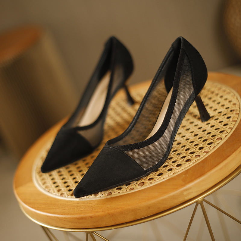 100-2 breathable mesh lace slip-on shoes European and American pointed toe fashion women's shoes simple Baotou high heels 