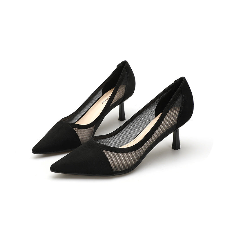 100-2 breathable mesh lace slip-on shoes European and American pointed toe fashion women's shoes simple Baotou high heels 